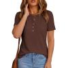 image:imagePRETTYGARDEN Waffle Knit Tops for Women Short Sleeve Henley Shirts 2026 Summer Blouses Dressy Casual Spring Fashion ClothesBrown