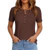 image:imagePRETTYGARDEN Waffle Knit Tops for Women Short Sleeve Henley Shirts 2026 Summer Blouses Dressy Casual Spring Fashion ClothesBrown
