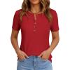 image:imagePRETTYGARDEN Waffle Knit Tops for Women Short Sleeve Henley Shirts 2026 Summer Blouses Dressy Casual Spring Fashion ClothesRed