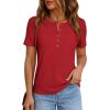 image:imagePRETTYGARDEN Waffle Knit Tops for Women Short Sleeve Henley Shirts 2026 Summer Blouses Dressy Casual Spring Fashion ClothesRed