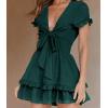 image:imagePRETTYGARDEN Women Summer Short Dress 2026 Casual V Neck Short Sleeve Tiered Bow Mini Sun Dresses Beach Vacation SundressDark Green