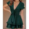 image:imagePRETTYGARDEN Women Summer Short Dress 2026 Casual V Neck Short Sleeve Tiered Bow Mini Sun Dresses Beach Vacation SundressDark Green
