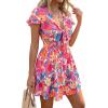 image:imagePRETTYGARDEN Women Summer Short Dress 2026 Casual V Neck Short Sleeve Tiered Bow Mini Sun Dresses Beach Vacation SundressFloral Pink Orange