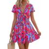 image:imagePRETTYGARDEN Women Summer Short Dress 2026 Casual V Neck Short Sleeve Tiered Bow Mini Sun Dresses Beach Vacation SundressFloral Rose Red