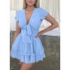 image:imagePRETTYGARDEN Women Summer Short Dress 2026 Casual V Neck Short Sleeve Tiered Bow Mini Sun Dresses Beach Vacation SundressLight Blue