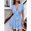 image:imagePRETTYGARDEN Women Summer Short Dress 2026 Casual V Neck Short Sleeve Tiered Bow Mini Sun Dresses Beach Vacation SundressLight Blue