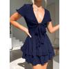 image:imagePRETTYGARDEN Women Summer Short Dress 2026 Casual V Neck Short Sleeve Tiered Bow Mini Sun Dresses Beach Vacation SundressNavy