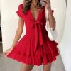 image:imagePRETTYGARDEN Women Summer Short Dress 2026 Casual V Neck Short Sleeve Tiered Bow Mini Sun Dresses Beach Vacation SundressRed