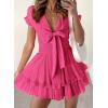 image:imagePRETTYGARDEN Women Summer Short Dress 2026 Casual V Neck Short Sleeve Tiered Bow Mini Sun Dresses Beach Vacation SundressRose Red