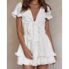 image:imagePRETTYGARDEN Women Summer Short Dress 2026 Casual V Neck Short Sleeve Tiered Bow Mini Sun Dresses Beach Vacation SundressWhite
