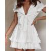 image:imagePRETTYGARDEN Women Summer Short Dress 2026 Casual V Neck Short Sleeve Tiered Bow Mini Sun Dresses Beach Vacation SundressWhite