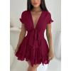 image:imagePRETTYGARDEN Women Summer Short Dress 2026 Casual V Neck Short Sleeve Tiered Bow Mini Sun Dresses Beach Vacation SundressWine Red