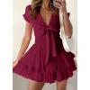 image:imagePRETTYGARDEN Women Summer Short Dress 2026 Casual V Neck Short Sleeve Tiered Bow Mini Sun Dresses Beach Vacation SundressWine Red