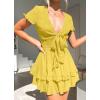 image:imagePRETTYGARDEN Women Summer Short Dress 2026 Casual V Neck Short Sleeve Tiered Bow Mini Sun Dresses Beach Vacation SundressYellow