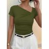 image:imagePRETTYGARDEN Womens 2026 Summer Asymmetrical Y2K Tops Trendy Ribbed Short Sleeve Fitted Tee Shirts Spring Fashion ClothingArmy Green
