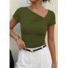 image:imagePRETTYGARDEN Womens 2026 Summer Asymmetrical Y2K Tops Trendy Ribbed Short Sleeve Fitted Tee Shirts Spring Fashion ClothingArmy Green