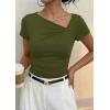 image:imagePRETTYGARDEN Womens 2026 Summer Asymmetrical Y2K Tops Trendy Ribbed Short Sleeve Fitted Tee Shirts Spring Fashion ClothingArmy Green