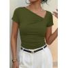 image:imagePRETTYGARDEN Womens 2026 Summer Asymmetrical Y2K Tops Trendy Ribbed Short Sleeve Fitted Tee Shirts Spring Fashion ClothingArmy Green