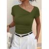 image:imagePRETTYGARDEN Womens 2026 Summer Asymmetrical Y2K Tops Trendy Ribbed Short Sleeve Fitted Tee Shirts Spring Fashion ClothingArmy Green