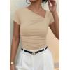 image:imagePRETTYGARDEN Womens 2026 Summer Asymmetrical Y2K Tops Trendy Ribbed Short Sleeve Fitted Tee Shirts Spring Fashion ClothingBeige