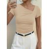 image:imagePRETTYGARDEN Womens 2026 Summer Asymmetrical Y2K Tops Trendy Ribbed Short Sleeve Fitted Tee Shirts Spring Fashion ClothingBeige