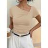 image:imagePRETTYGARDEN Womens 2026 Summer Asymmetrical Y2K Tops Trendy Ribbed Short Sleeve Fitted Tee Shirts Spring Fashion ClothingBeige