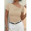 image:imagePRETTYGARDEN Womens 2026 Summer Asymmetrical Y2K Tops Trendy Ribbed Short Sleeve Fitted Tee Shirts Spring Fashion ClothingBeige