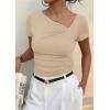 image:imagePRETTYGARDEN Womens 2026 Summer Asymmetrical Y2K Tops Trendy Ribbed Short Sleeve Fitted Tee Shirts Spring Fashion ClothingBeige
