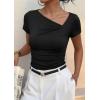 image:imagePRETTYGARDEN Womens 2026 Summer Asymmetrical Y2K Tops Trendy Ribbed Short Sleeve Fitted Tee Shirts Spring Fashion ClothingBlack