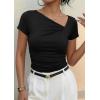 image:imagePRETTYGARDEN Womens 2026 Summer Asymmetrical Y2K Tops Trendy Ribbed Short Sleeve Fitted Tee Shirts Spring Fashion ClothingBlack