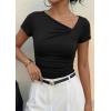 image:imagePRETTYGARDEN Womens 2026 Summer Asymmetrical Y2K Tops Trendy Ribbed Short Sleeve Fitted Tee Shirts Spring Fashion ClothingBlack