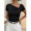 image:imagePRETTYGARDEN Womens 2026 Summer Asymmetrical Y2K Tops Trendy Ribbed Short Sleeve Fitted Tee Shirts Spring Fashion ClothingBlack