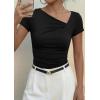 image:imagePRETTYGARDEN Womens 2026 Summer Asymmetrical Y2K Tops Trendy Ribbed Short Sleeve Fitted Tee Shirts Spring Fashion ClothingBlack