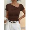 image:imagePRETTYGARDEN Womens 2026 Summer Asymmetrical Y2K Tops Trendy Ribbed Short Sleeve Fitted Tee Shirts Spring Fashion ClothingBrown