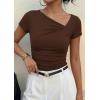 image:imagePRETTYGARDEN Womens 2026 Summer Asymmetrical Y2K Tops Trendy Ribbed Short Sleeve Fitted Tee Shirts Spring Fashion ClothingBrown