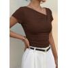 image:imagePRETTYGARDEN Womens 2026 Summer Asymmetrical Y2K Tops Trendy Ribbed Short Sleeve Fitted Tee Shirts Spring Fashion ClothingBrown