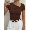 image:imagePRETTYGARDEN Womens 2026 Summer Asymmetrical Y2K Tops Trendy Ribbed Short Sleeve Fitted Tee Shirts Spring Fashion ClothingBrown