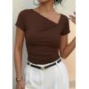 image:imagePRETTYGARDEN Womens 2026 Summer Asymmetrical Y2K Tops Trendy Ribbed Short Sleeve Fitted Tee Shirts Spring Fashion ClothingBrown