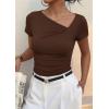 image:imagePRETTYGARDEN Womens 2026 Summer Asymmetrical Y2K Tops Trendy Ribbed Short Sleeve Fitted Tee Shirts Spring Fashion ClothingBrown