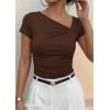 image:imagePRETTYGARDEN Womens 2026 Summer Asymmetrical Y2K Tops Trendy Ribbed Short Sleeve Fitted Tee Shirts Spring Fashion ClothingBrown