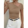 image:imagePRETTYGARDEN Womens 2026 Summer Asymmetrical Y2K Tops Trendy Ribbed Short Sleeve Fitted Tee Shirts Spring Fashion ClothingKhaki
