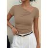 image:imagePRETTYGARDEN Womens 2026 Summer Asymmetrical Y2K Tops Trendy Ribbed Short Sleeve Fitted Tee Shirts Spring Fashion ClothingKhaki