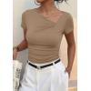 image:imagePRETTYGARDEN Womens 2026 Summer Asymmetrical Y2K Tops Trendy Ribbed Short Sleeve Fitted Tee Shirts Spring Fashion ClothingKhaki