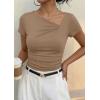 image:imagePRETTYGARDEN Womens 2026 Summer Asymmetrical Y2K Tops Trendy Ribbed Short Sleeve Fitted Tee Shirts Spring Fashion ClothingKhaki