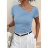 image:imagePRETTYGARDEN Womens 2026 Summer Asymmetrical Y2K Tops Trendy Ribbed Short Sleeve Fitted Tee Shirts Spring Fashion ClothingLight Blue