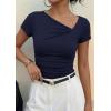 image:imagePRETTYGARDEN Womens 2026 Summer Asymmetrical Y2K Tops Trendy Ribbed Short Sleeve Fitted Tee Shirts Spring Fashion ClothingNavy Blue