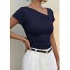 image:imagePRETTYGARDEN Womens 2026 Summer Asymmetrical Y2K Tops Trendy Ribbed Short Sleeve Fitted Tee Shirts Spring Fashion ClothingNavy Blue