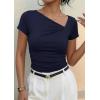 image:imagePRETTYGARDEN Womens 2026 Summer Asymmetrical Y2K Tops Trendy Ribbed Short Sleeve Fitted Tee Shirts Spring Fashion ClothingNavy Blue