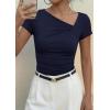 image:imagePRETTYGARDEN Womens 2026 Summer Asymmetrical Y2K Tops Trendy Ribbed Short Sleeve Fitted Tee Shirts Spring Fashion ClothingNavy Blue