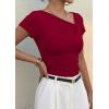 image:imagePRETTYGARDEN Womens 2026 Summer Asymmetrical Y2K Tops Trendy Ribbed Short Sleeve Fitted Tee Shirts Spring Fashion ClothingRed